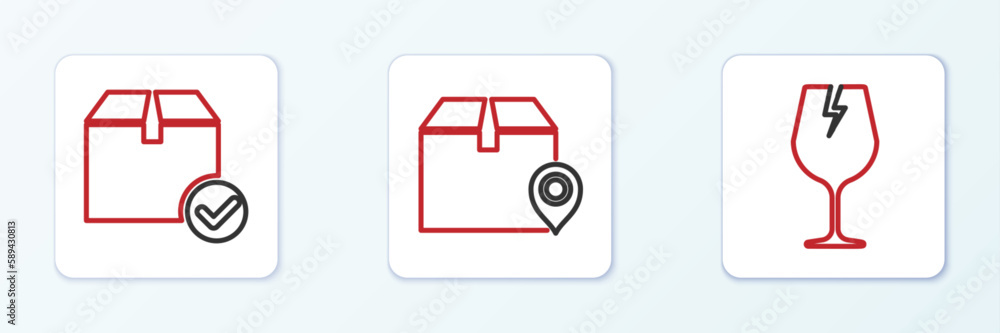 Poster set line fragile broken glass, package box with check mark and location cardboard icon. vector