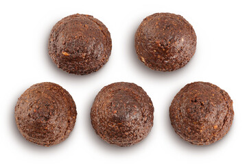 chocolate cookie with kerob, banana, nuts isolated on white background. Healthy food, gluten-free, flour-free. Top view. Flat lay. Set or collection