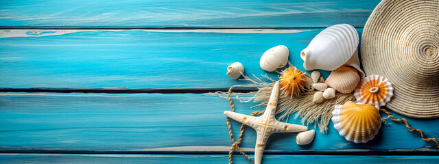 Seashells on blue wooden plank with straw hat.