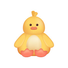 Cute baby chick character as kids toy 3D illustration. Cartoon drawing of adorable yellow domestic bird as mascot or gift in 3D style on white background. Wildlife, childhood, farming concept