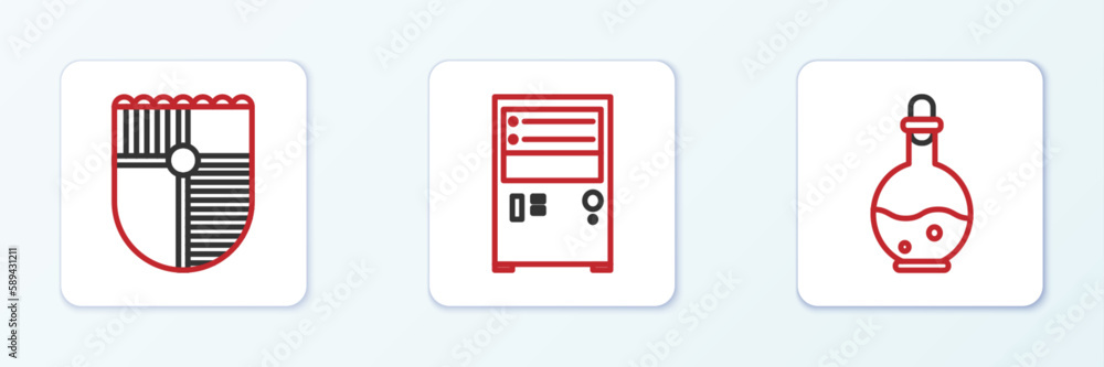 Poster set line bottle with magic elixir, shield for game and computer icon. vector