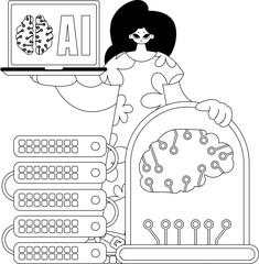 Obraz premium Girl holds AI model, vector illustration style