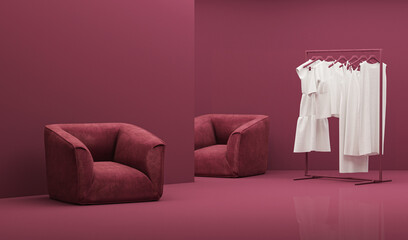 Viva magenta is a trend colour year 2023 in the living room. Interior of the room in plain monochrome red color with wall, clothes and chair. 3d render	