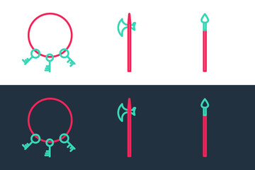 Set line Medieval spear, Old keys and halberd icon. Vector