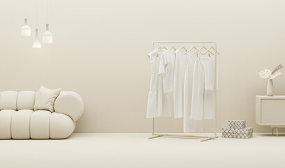 Linen clothes hanging on a rack, plant pot, armchair on white and beige background. Creative composition. Light background with copy space. 3D render for web page, presentation, studio, store fashion
