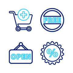 Set line Discount percent tag, Hanging sign with Open, Price Free and Add to Shopping cart icon. Vector