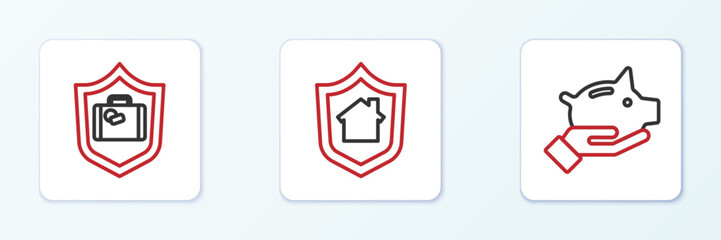 Set line Piggy bank, Travel suitcase with shield and House icon. Vector