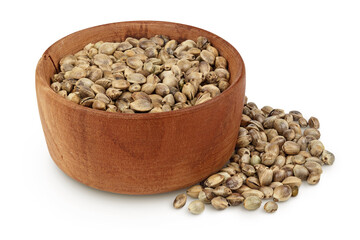 Hemp seeds in wooden bowl isolated on white background with full depth of field