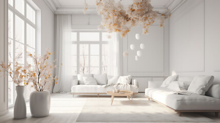 Fototapeta premium modern white interior design with spring decoration. Generative ai