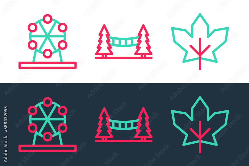 Poster set line canadian maple leaf, ferris wheel and capilano suspension bridge icon. vector