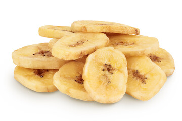 Dried banana chips isolated on white background with full depth of field