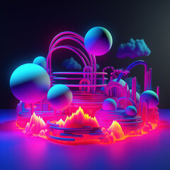 3D render, abstract vibrant neon background with circular geometric shapes  created with Generative AI