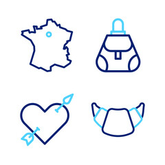 Set line Croissant, Amour with heart and arrow, Handbag and Map of France icon. Vector