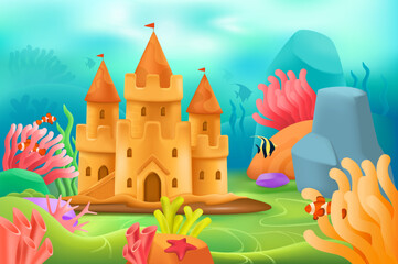Underwater landscape 3d illustration. Aquarium decoration design with sand castle, corals and fish in cartoon style. Nature, ocean, fantasy concept