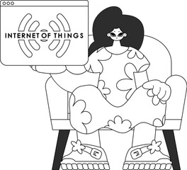 Girl displaying an IoT logo in vector linear design