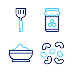 Set line Jelly candy, Flour bowl, Jar of honey and Spatula icon. Vector