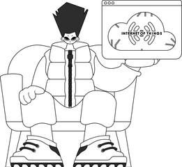 A person displaying a logo symbolising the 'Internet of Things', in a simplistic, vector art style