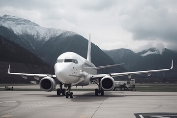 White passenger airplane with air-stairs at the airport apron on the background of high scenic mountains