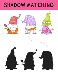 Cute Easter gnomes shadow matching activity for children. Simple educational game for kids with leaves. Find the correct silhouette printable worksheet. Happy Easter.