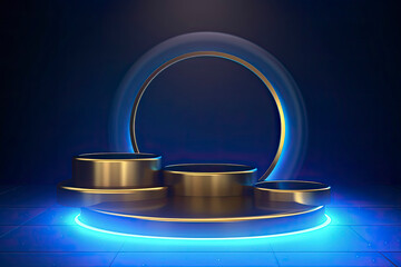 3D podium platform golden ring circles lighting effect backdrop with spotlight on blue stage background