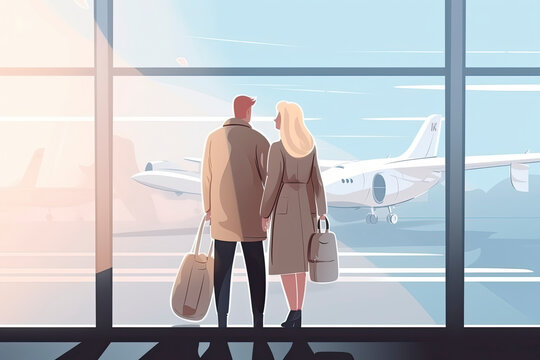 Young couple standing near window in airport before boarding,Cartoon