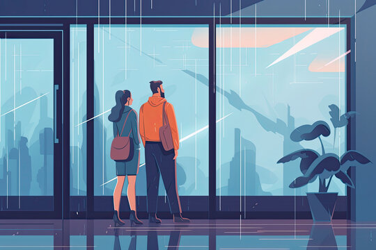 Young couple standing near window in airport before boarding,Cartoon