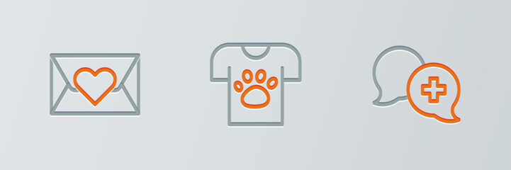 Set line Dialogue with doctor, Envelope heart and Animal volunteer icon. Vector