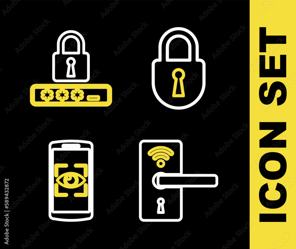 Poster set line lock, digital door lock with wireless, mobile and eye scan and password protection icon. ve