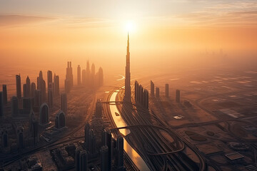 Aerial view of Dubai city in sunset light