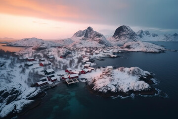 Aerial view of Lofoten islands in winter at sunset in Norway. Landscape with blue sea