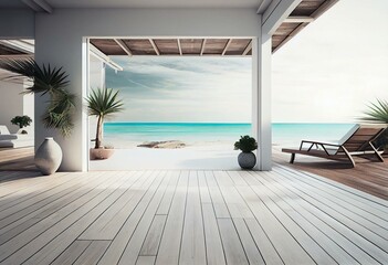 Empty terrace floor near living room and white wall in modern beach house or luxury pool villa. Wooden deck 3d rendering with sea view. Generative AI