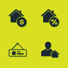 Set House with dollar, Realtor, Hanging sign For Rent and percant icon. Vector