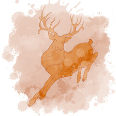 A red deer stag running. Side full height view, magnificent antlers. Line drawing isolated on watercolour textured grunge background. EPS10 Vector illustration