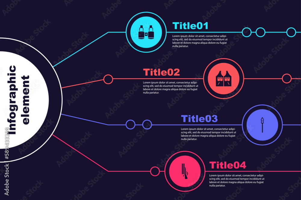 Wall mural Set Binoculars, Hunting jacket, Medieval spear and Shotgun. Business infographic template. Vector