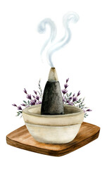 Lavender incense burner cone for aromatherapy clipart illustration. Aroma pyramid stick with smoke in ceramic bowl with purple avender flowers on wooden stand isolated on white background - obrazy, fototapety, plakaty