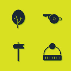 Fototapeta na wymiar Set Tree, Winter hat, Road traffic sign and Whistle icon. Vector