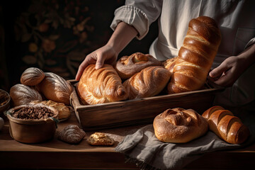 Bakery - various kinds of breadstuff on the rustic tray in baker's hands. Bread rolls, baguette, sweet bun and croissant - closeup