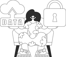 A girl grasping a vector style linear icon of cloud storage related to the Internet of Things