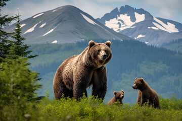 Brown Bear and Two Cubs against a Forest and Mountain Backdrop at Katmai National Park, Alaska