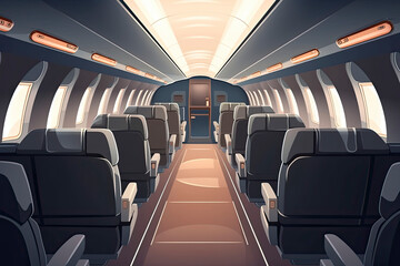 Business class in plane empty interior. Private jet or luxury airplane cabin inside view with comfortable seats - obrazy, fototapety, plakaty