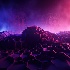  3D render, abstract vibrant neon background with hexagonal  geometric shapes created with Generative AI