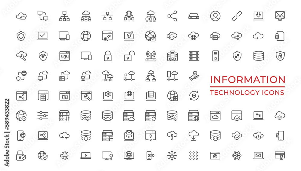 Poster information technology web icon set in line style. network, web design, website, computer, software,