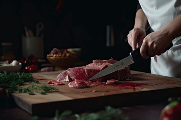 Cook cuts meat with a knife in the kitchen prepares food. Vegetables and spices on the kitchen table in a restaurant to prepare a delicious lunch