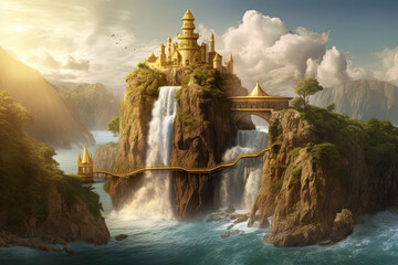 Digital illustration of fantasy island with golden castle tower and waterfall from cliff - obrazy, fototapety, plakaty