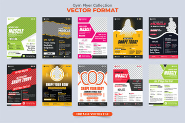 Gym flyer template collection with photo placeholders. Modern gym management business promotional poster and flyer bundle. Fitness and bodybuilding center advertisement flyer layout set vector.