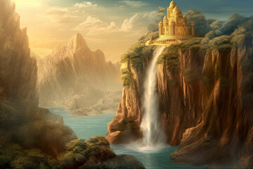 Digital illustration of fantasy island with golden castle tower and waterfall from cliff - obrazy, fototapety, plakaty