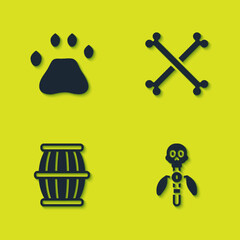 Set Bear paw footprint, Magic staff, Gun powder barrel and Crossed human bones icon. Vector