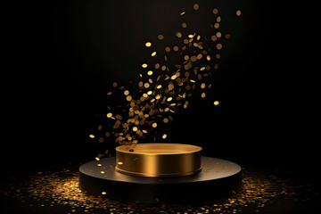 Golden podium with a spotlight on a dark background, falling golden confetti, first place, fame and popularity