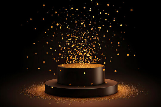 Golden podium with a spotlight on a dark background, falling golden confetti, first place, fame and popularity