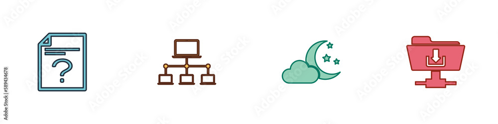 Poster set unknown document, computer network, cloud with moon and stars and ftp folder download icon. vect